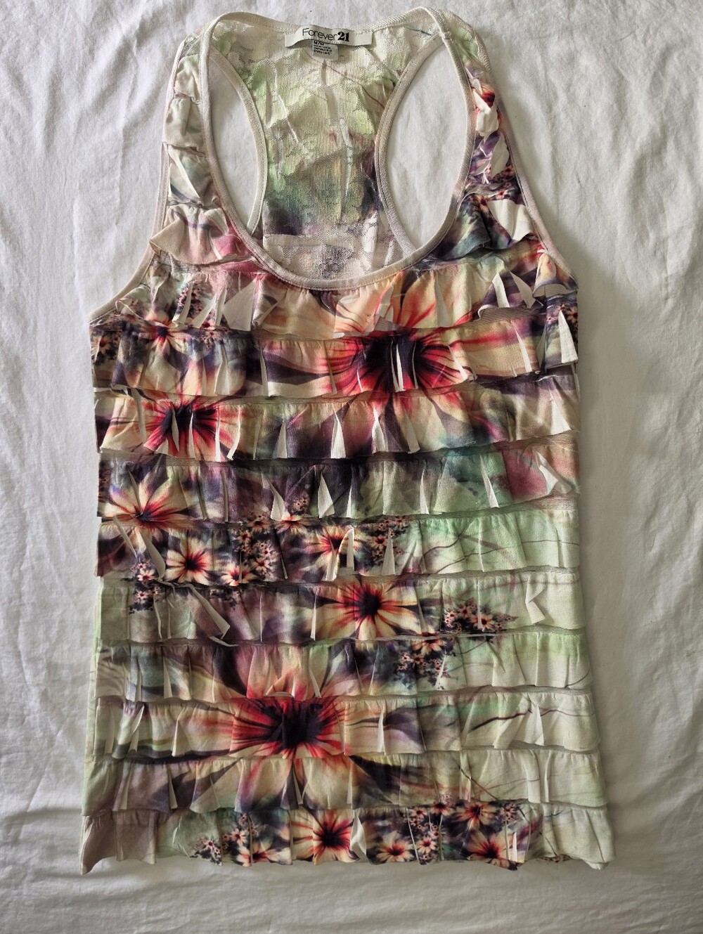 Vintage Forever 21 Ruffle Tiered Floral Tank Top Women's M Lace Racerback USA